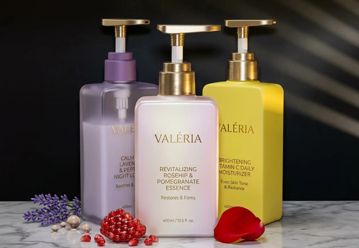 valenria beauty product bottles representing Accelo media D2C category